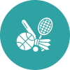 Basketball, racket, and shuttlecock symbols